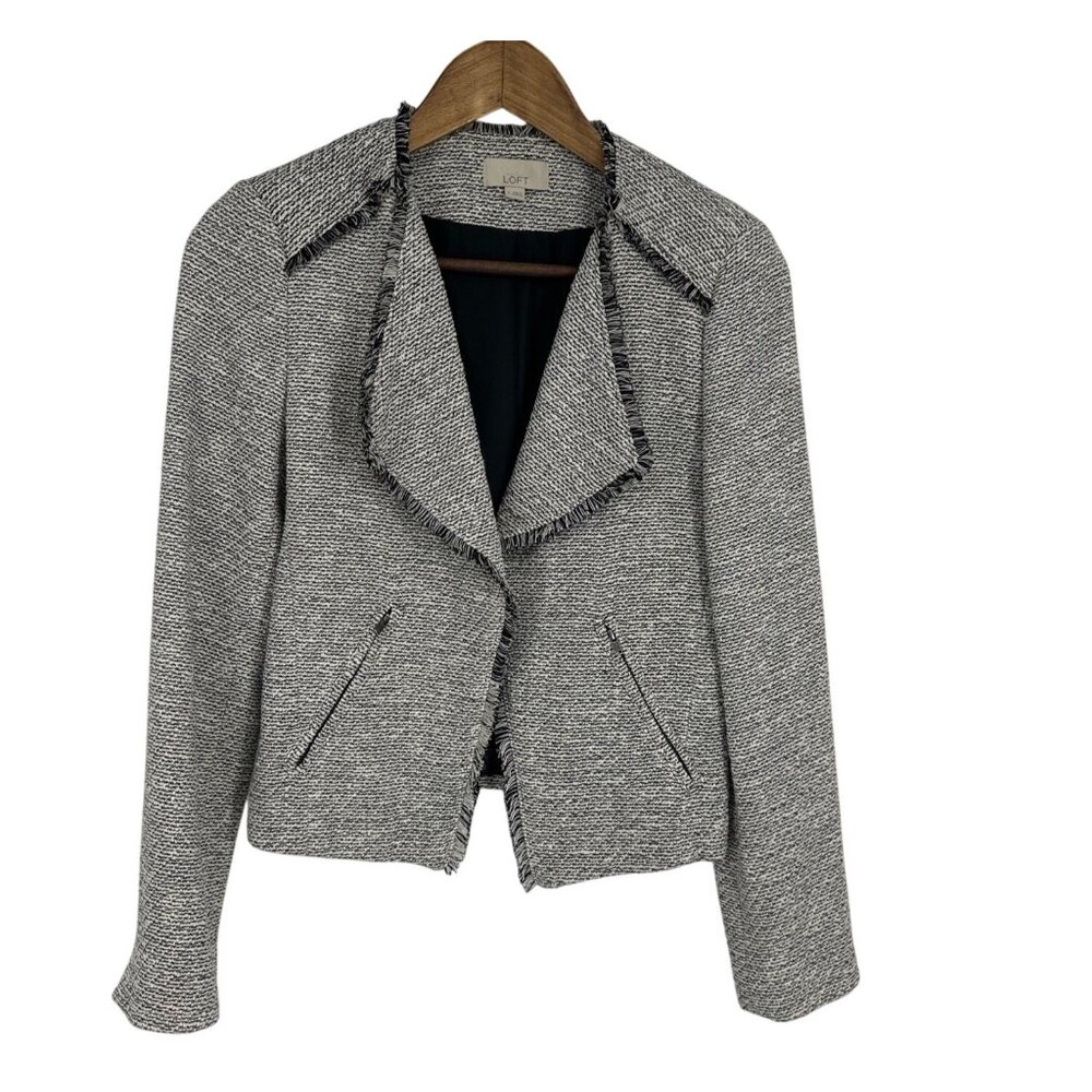 Loft Fringed Tweed Blazer Jacket Women's Black White Open Front Size 2